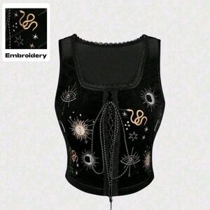 NEW Black Velvet Embroidered Lace-Up Crop Tank with Celestial Motif